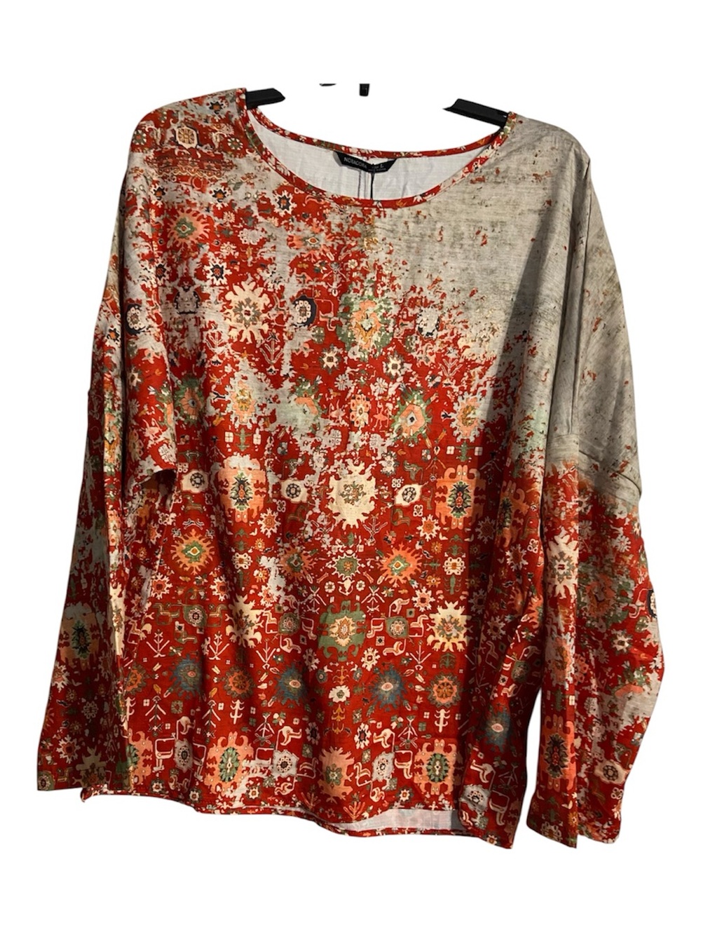 Women's Long Sleeve Boho Floral Tee - Red Multi